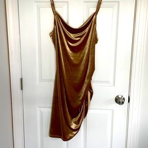 SHIEN | Faux Velvet Cowl Neck Bodycon Dress | Gold | Size LX |